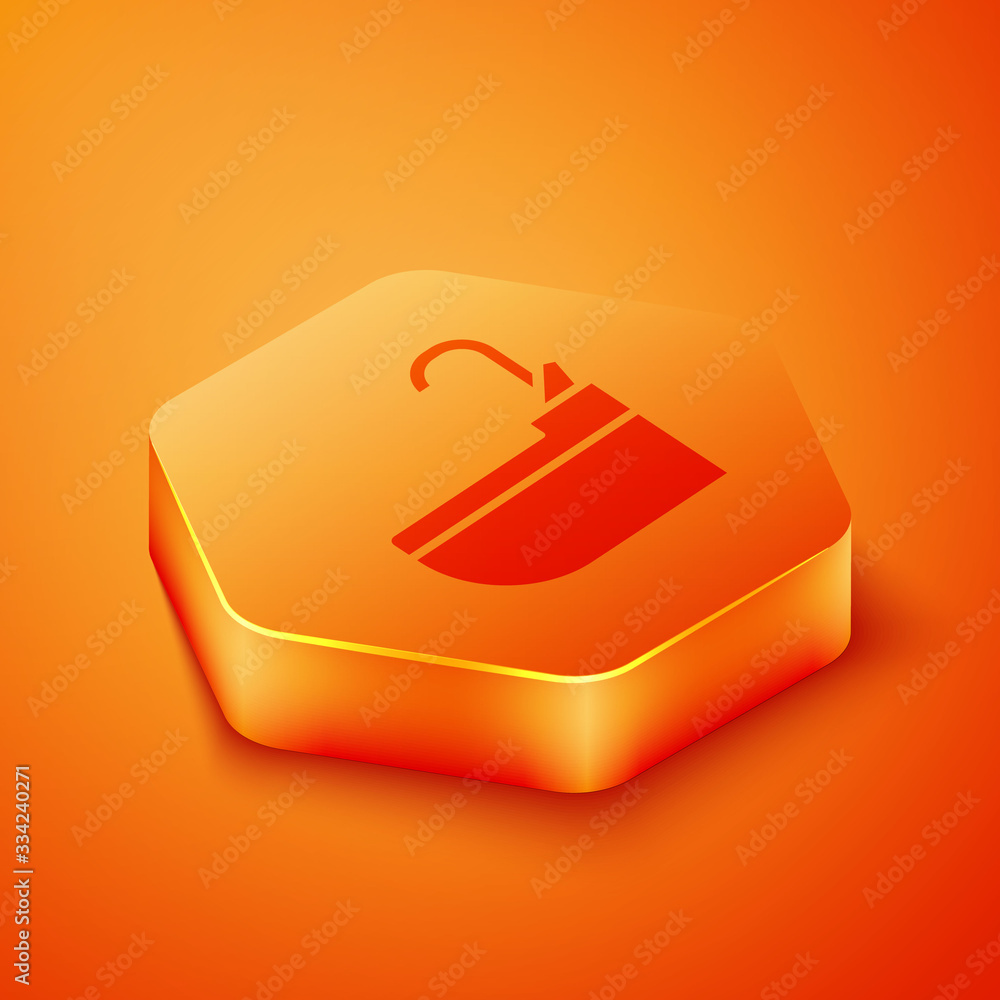 Isometric Washbasin with water tap icon isolated on orange background. Orange hexagon button. Vector