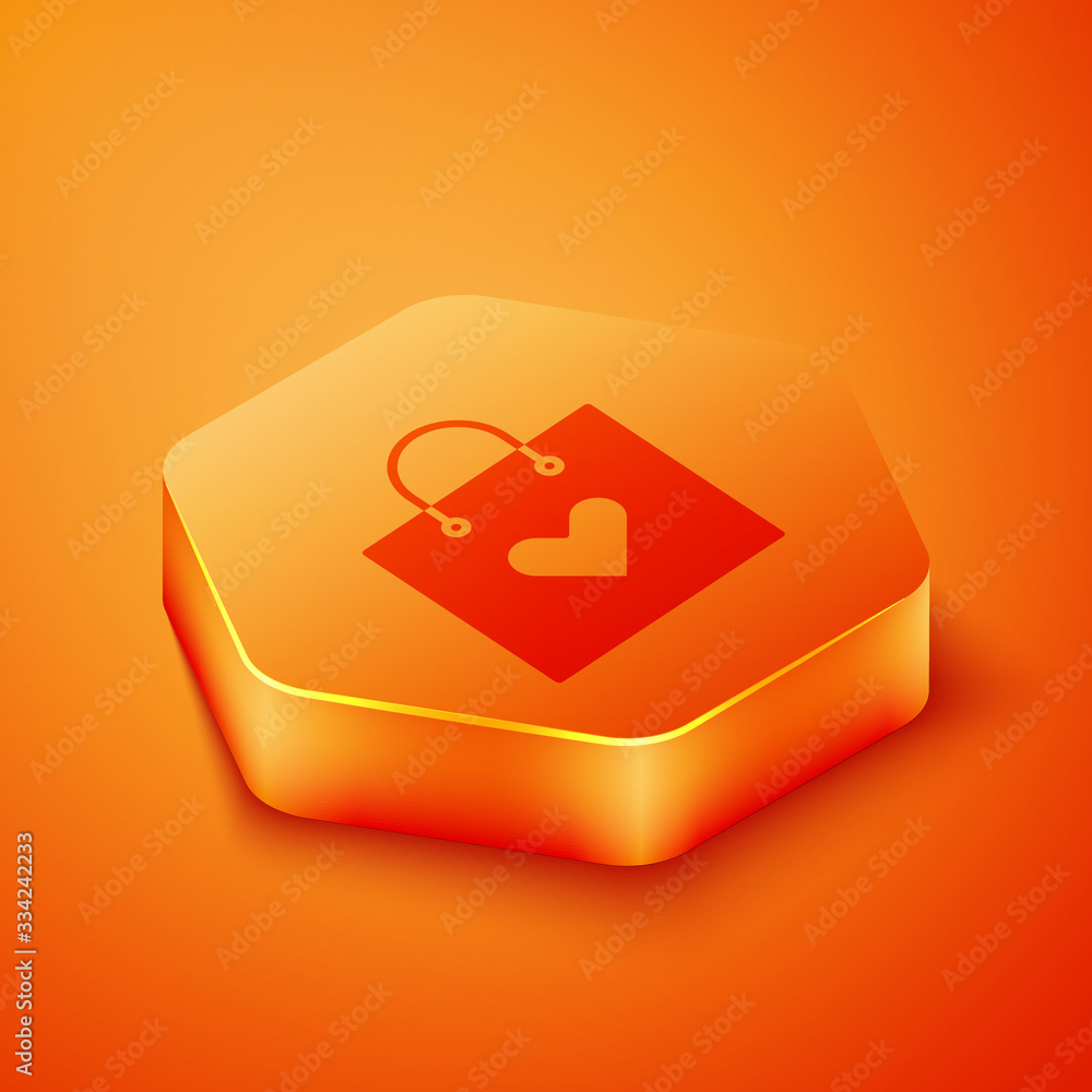 Isometric Shopping bag with heart icon isolated on orange background. Shopping bag shop love like he