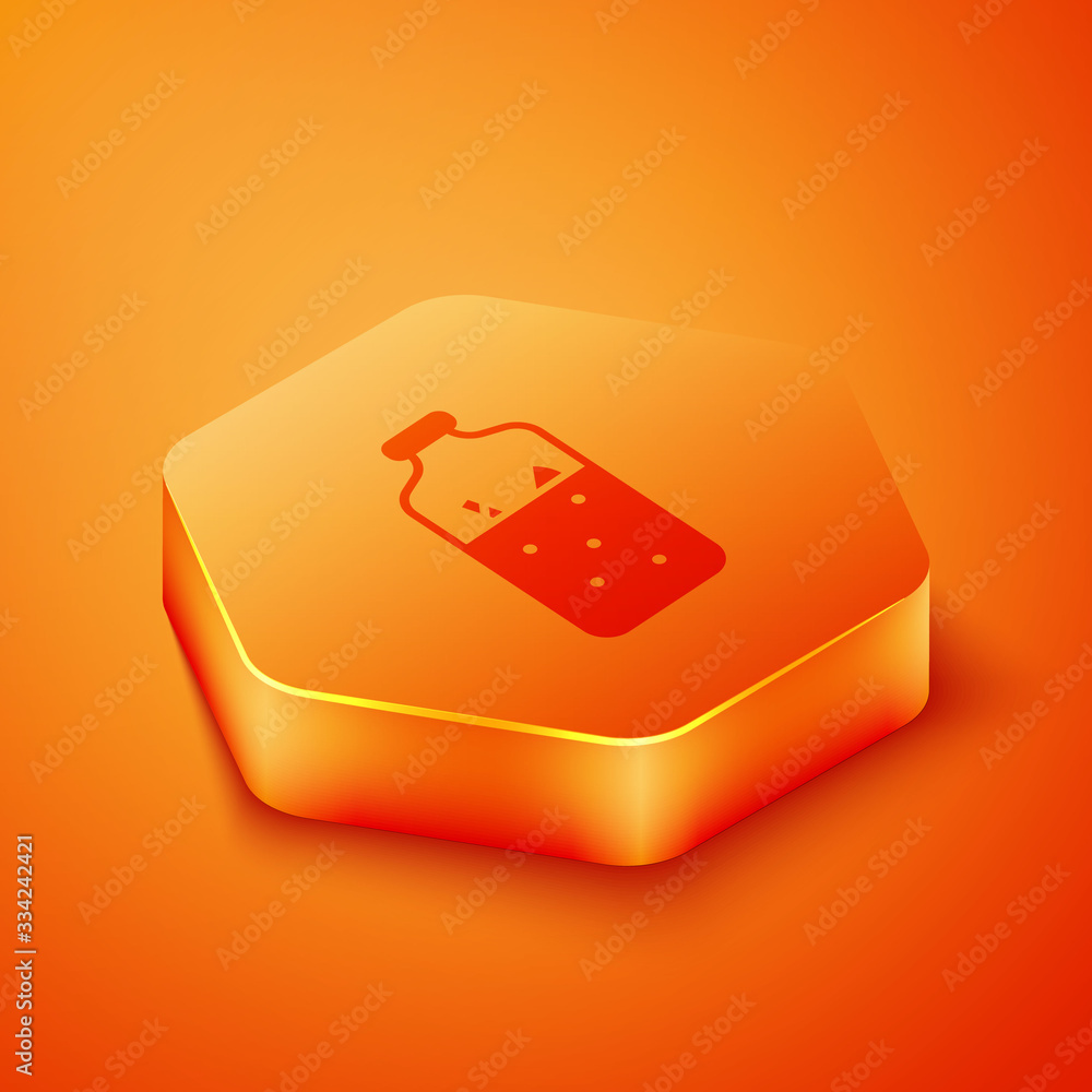 Isometric Mulled wine with ingredients icon isolated on orange background. Cinnamon stick, clove, le