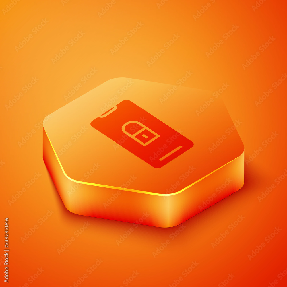 Isometric Smartphone with closed padlock icon isolated on orange background. Phone with lock. Mobile