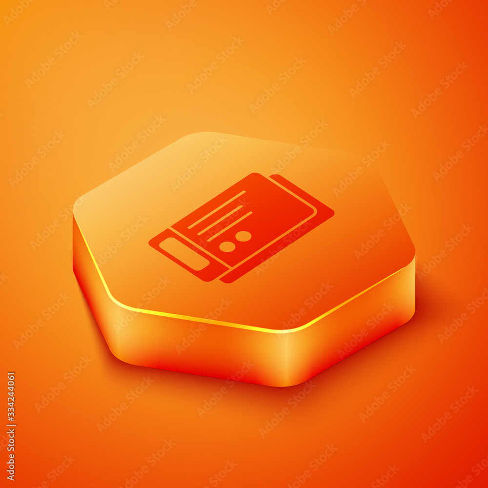 Isometric Travel ticket icon isolated on orange background. Train, ship, plane, tram, bus transport.