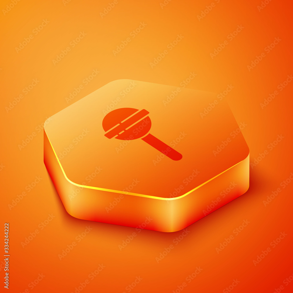 Isometric Lollipop icon isolated on orange background. Food, delicious symbol. Orange hexagon button