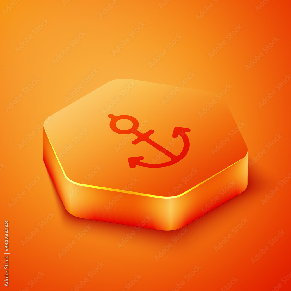 Isometric Anchor icon isolated on orange background. Orange hexagon button. Vector Illustration