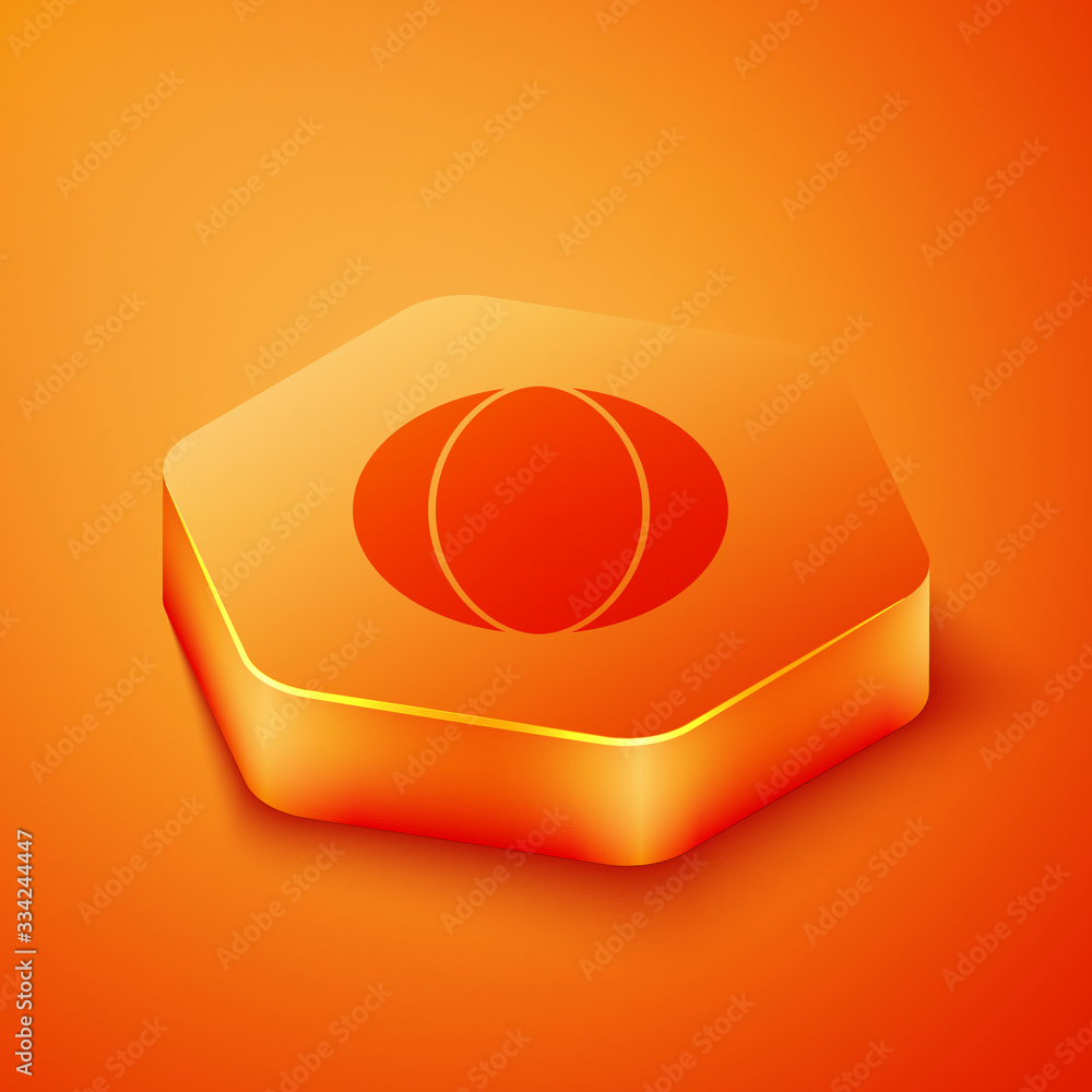 Isometric Beach ball icon isolated on orange background. Orange hexagon button. Vector Illustration