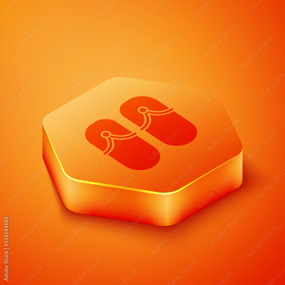 Isometric Flip flops icon isolated on orange background. Beach slippers sign. Orange hexagon button.