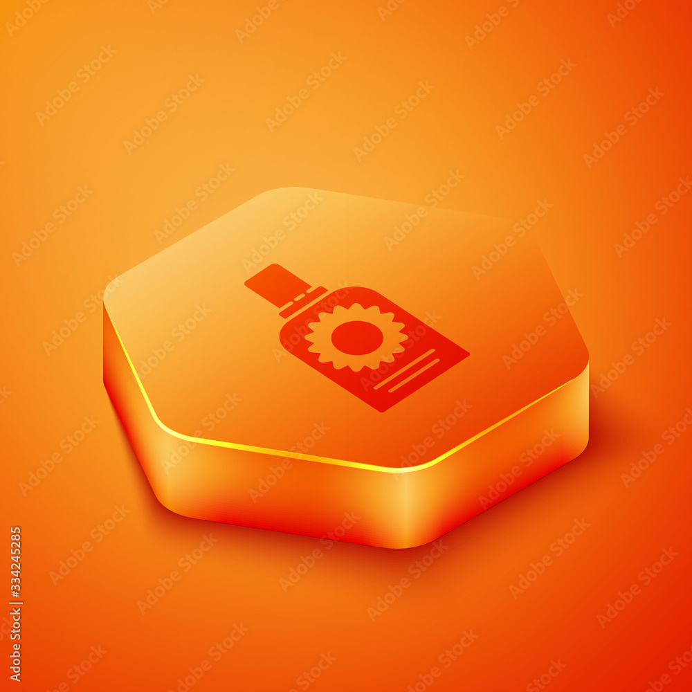 Isometric Sunscreen spray bottle icon isolated on orange background. Protection for the skin from so