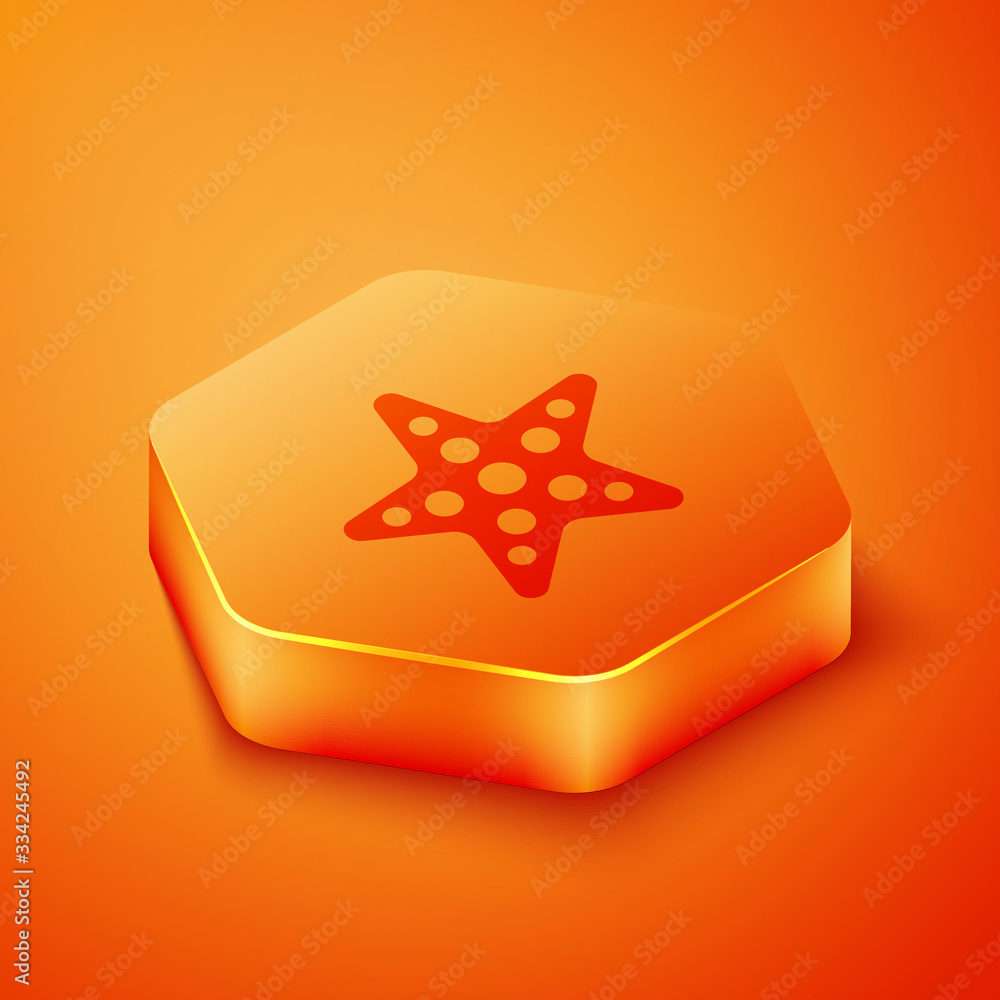 Isometric Starfish icon isolated on orange background. Orange hexagon button. Vector Illustration