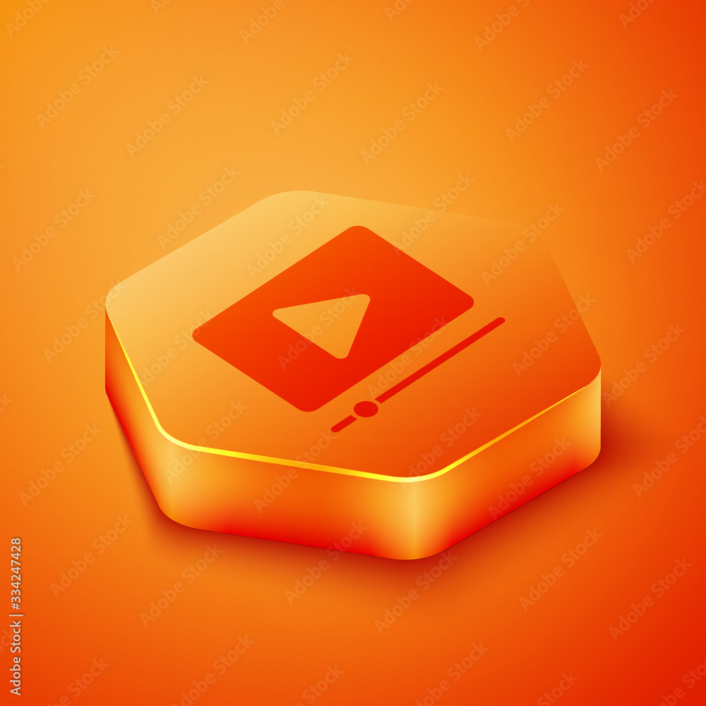 Isometric Online play video icon isolated on orange background. Film strip with play sign. Orange he