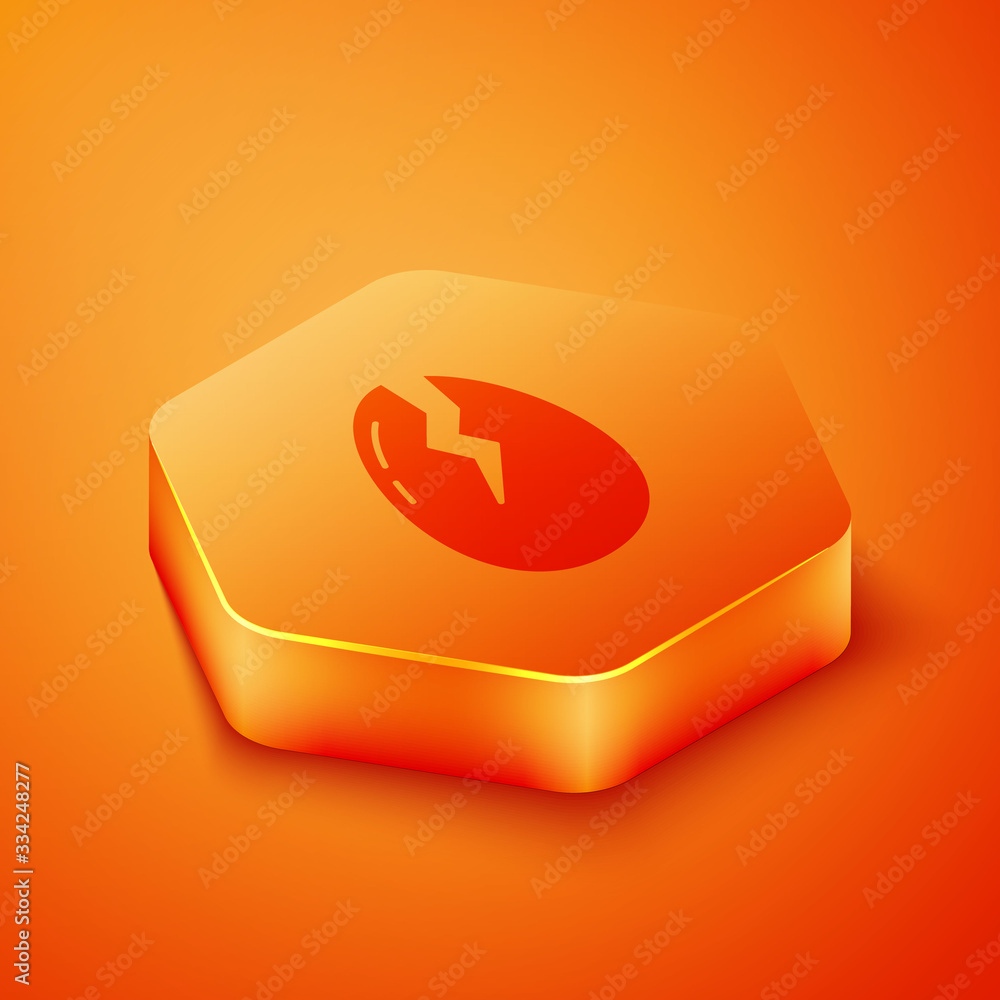 Isometric Broken egg icon isolated on orange background. Happy Easter. Orange hexagon button. Vector