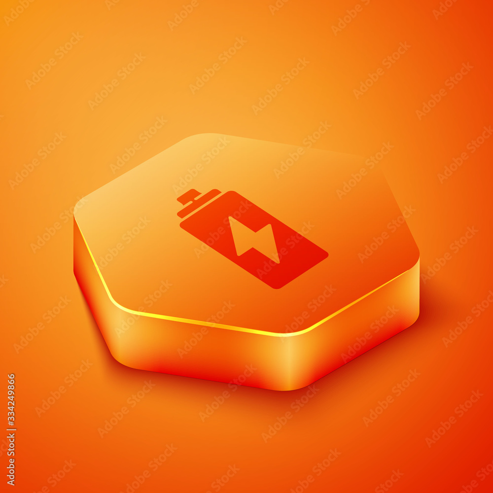 Isometric Battery icon isolated on orange background. Lightning bolt symbol. Orange hexagon button. 