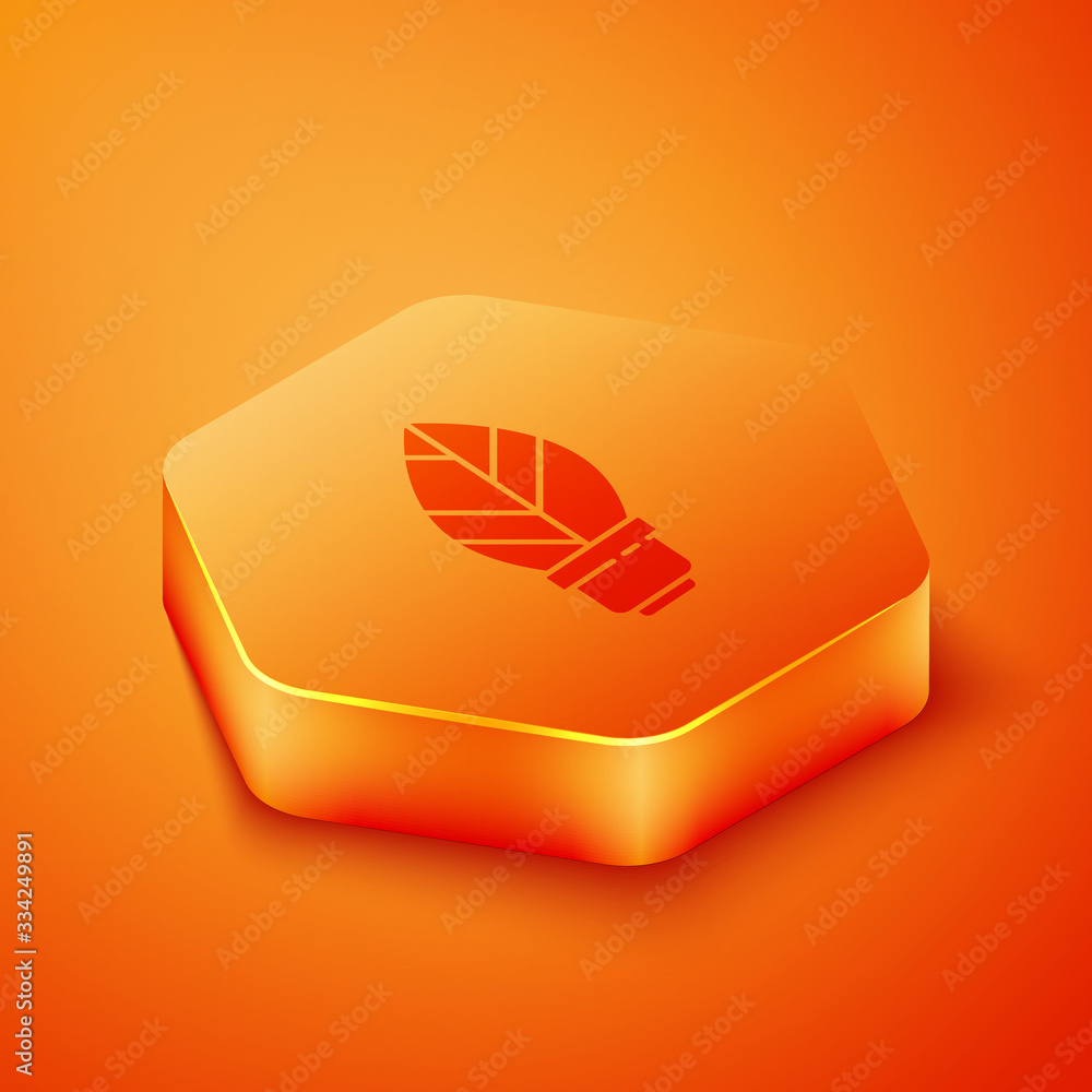 Isometric Light bulb with leaf icon isolated on orange background. Eco energy concept. Alternative e