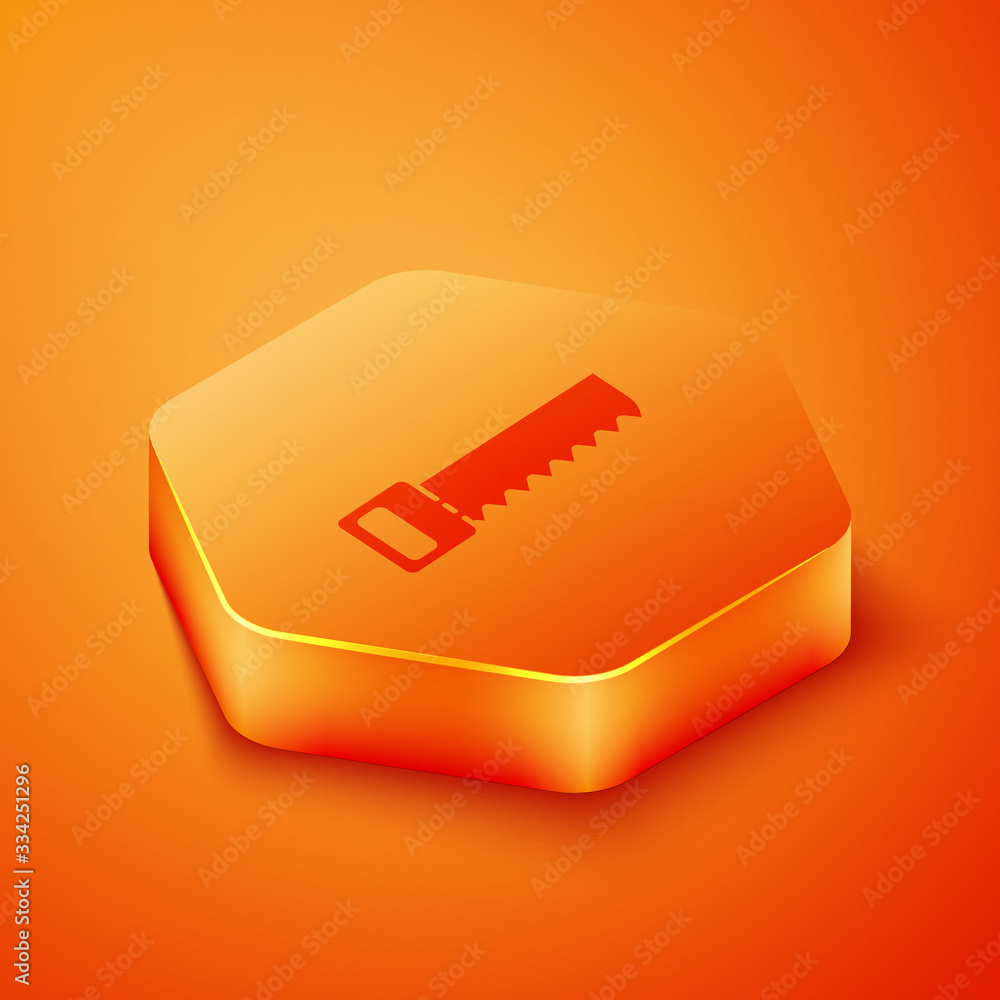 Isometric Hand saw icon isolated on orange background. Orange hexagon button. Vector Illustration