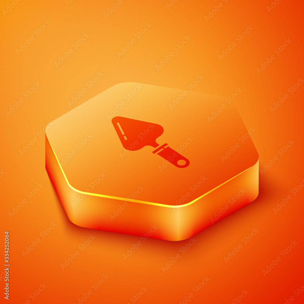 Isometric Trowel icon isolated on orange background. Orange hexagon button. Vector Illustration