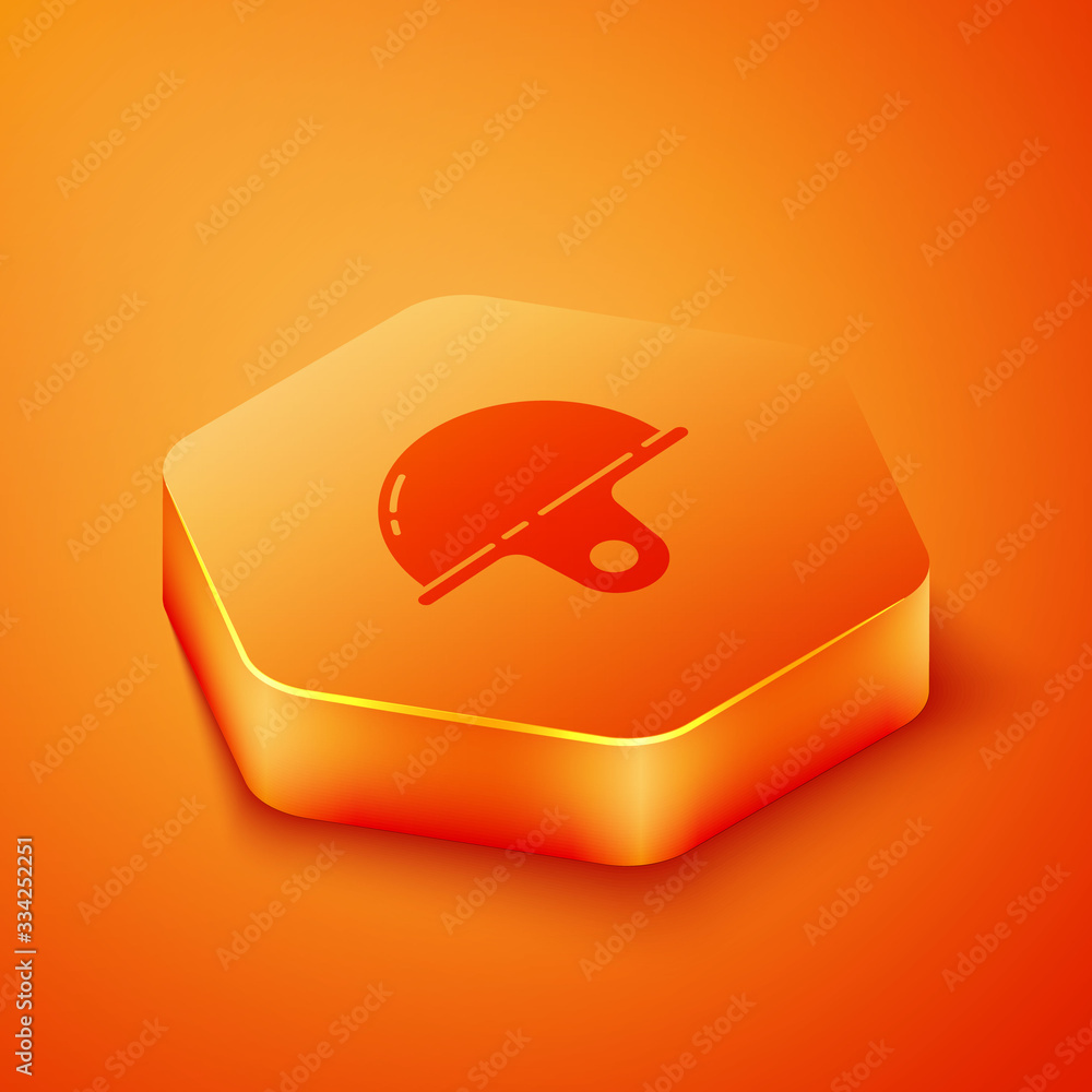 Isometric Worker safety helmet icon isolated on orange background. Orange hexagon button. Vector Ill