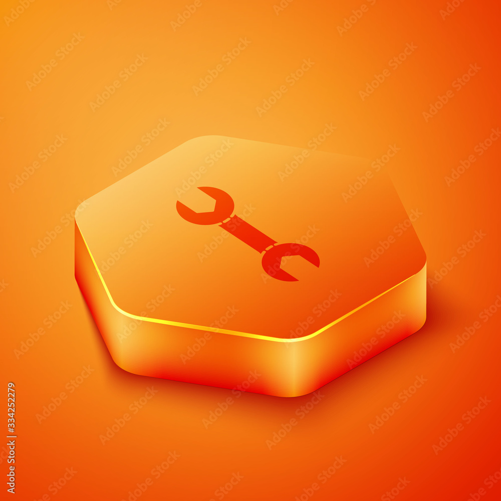 Isometric Wrench spanner icon isolated on orange background. Orange hexagon button. Vector Illustrat