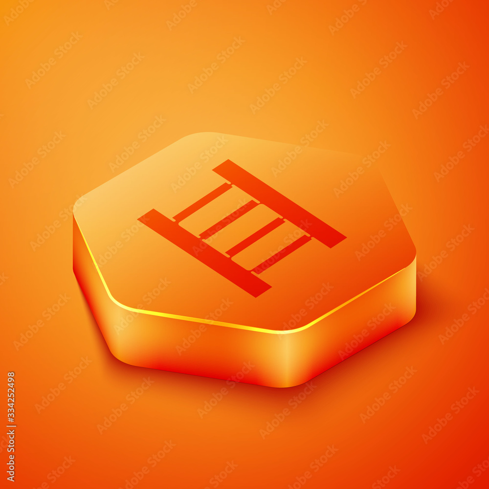 Isometric Wooden staircase icon isolated on orange background. Orange hexagon button. Vector Illustr