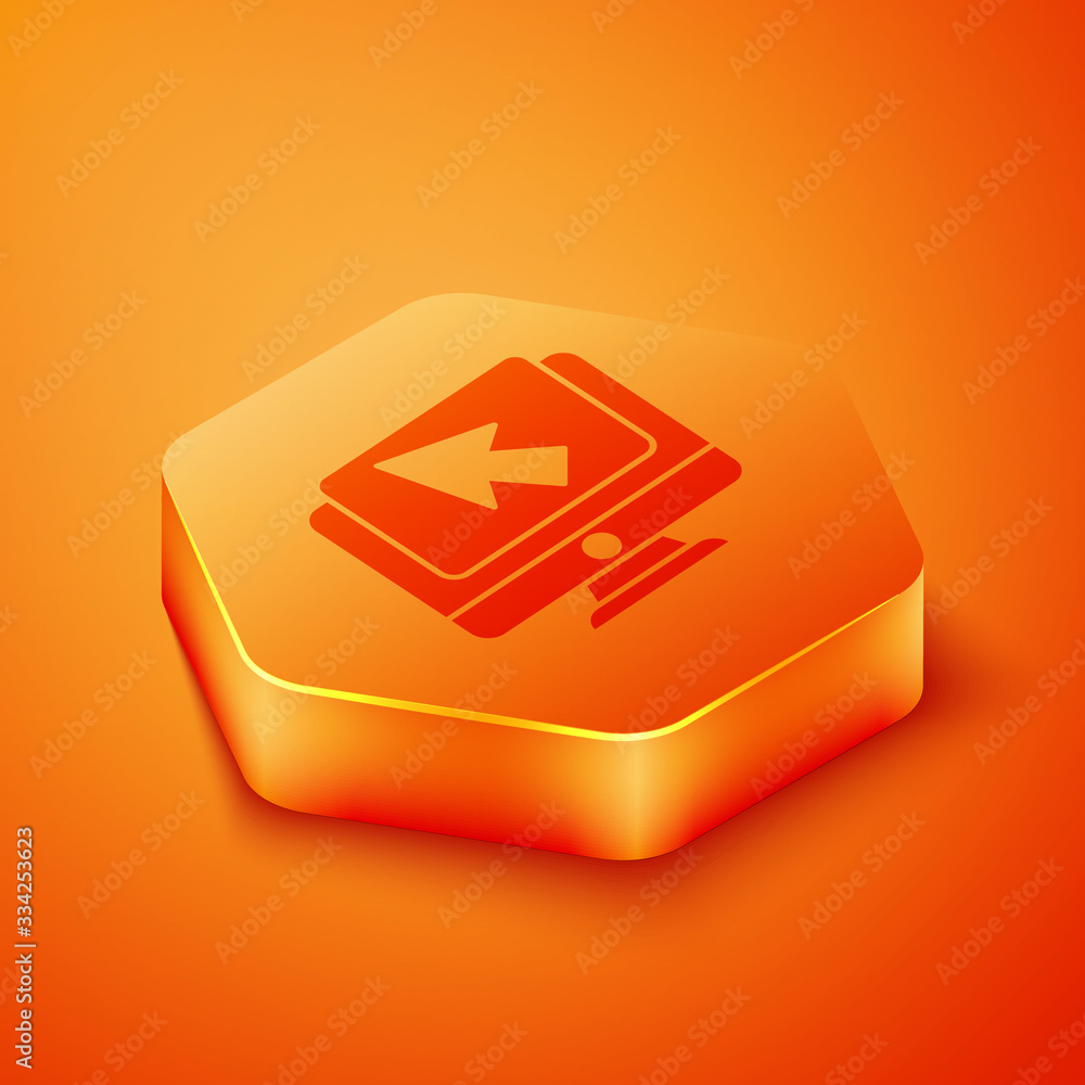 Isometric Computer monitor and cursor icon isolated on orange background. Computer notebook with emp