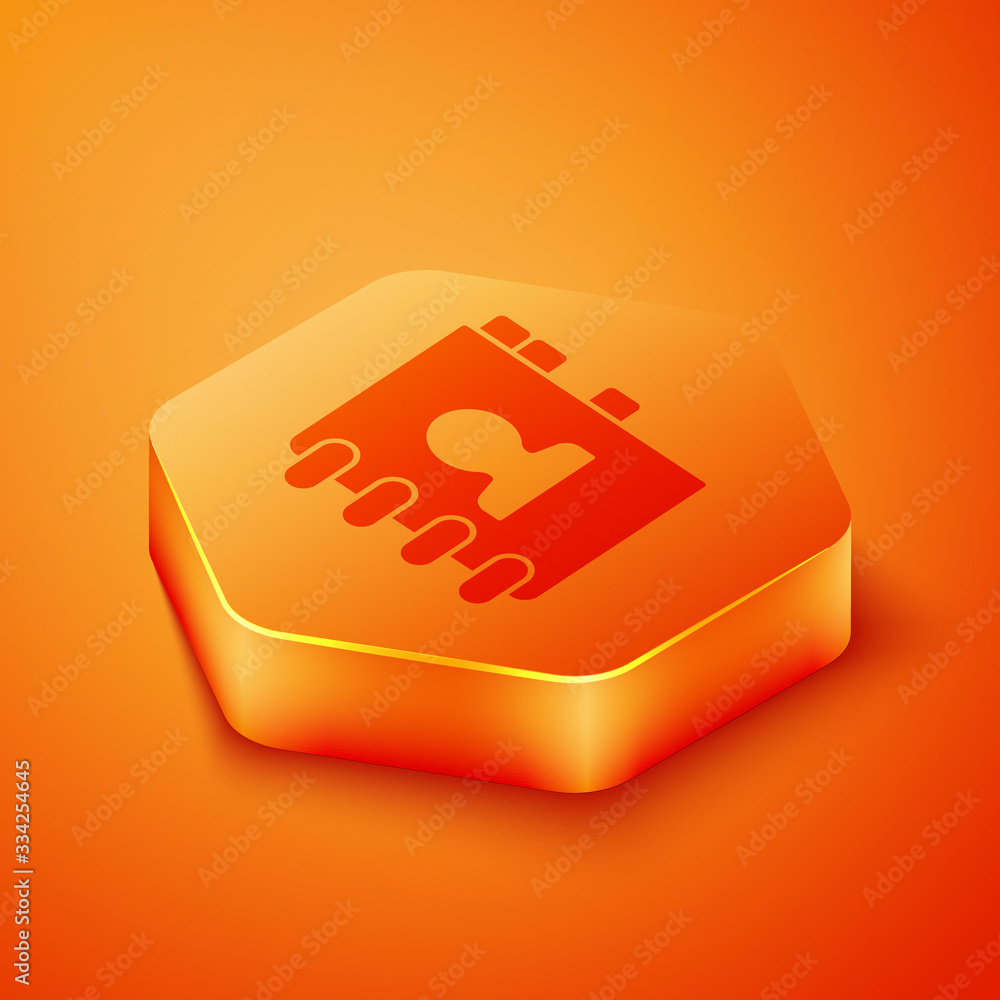 Isometric Address book icon isolated on orange background. Notebook, address, contact, directory, ph