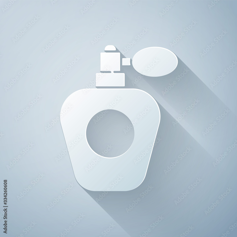 Paper cut Perfume icon isolated on grey background. Paper art style. Vector Illustration