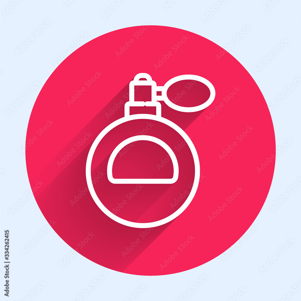 White line Perfume icon isolated with long shadow. Red circle button. Vector Illustration