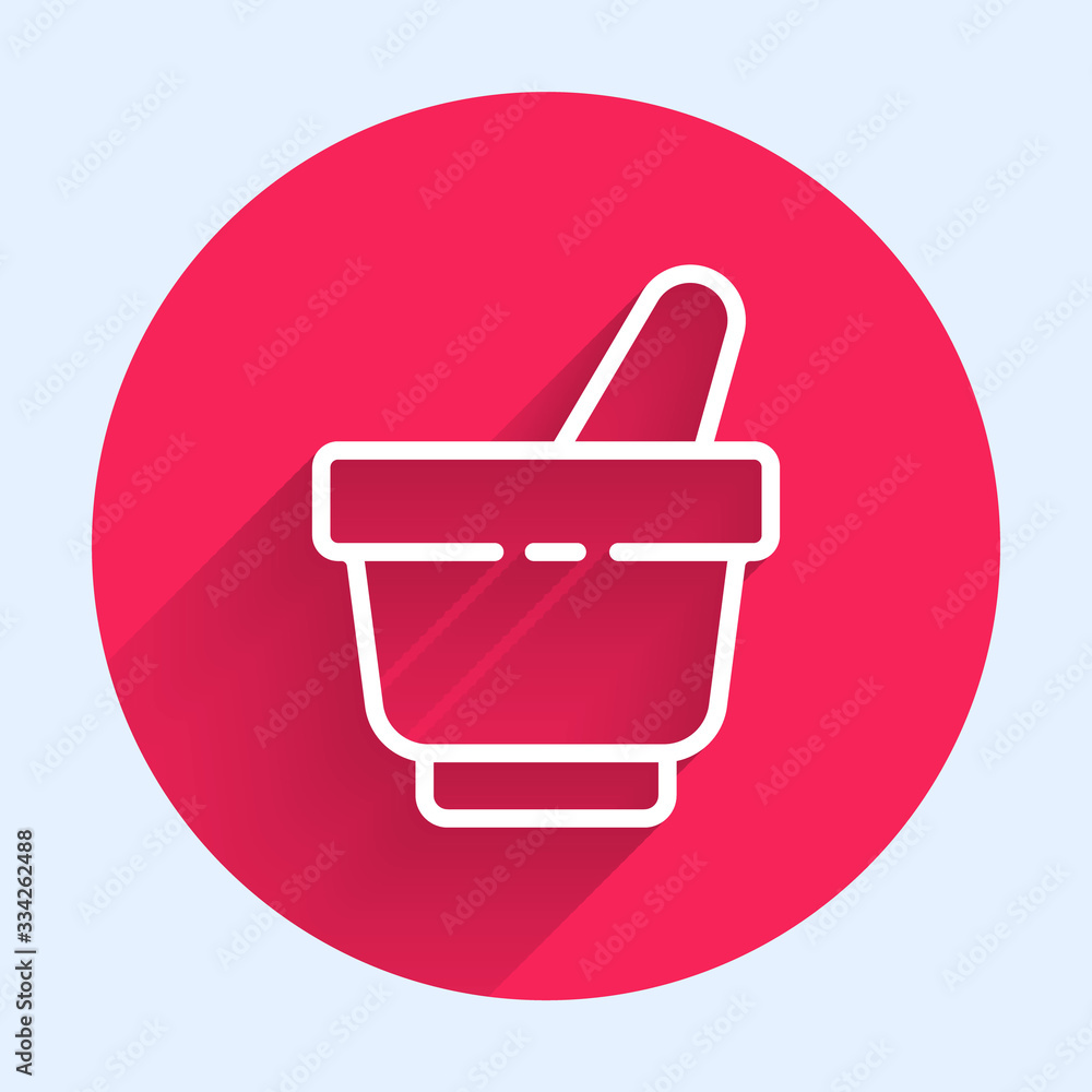 White line Mortar and pestle icon isolated with long shadow. Red circle button. Vector Illustration