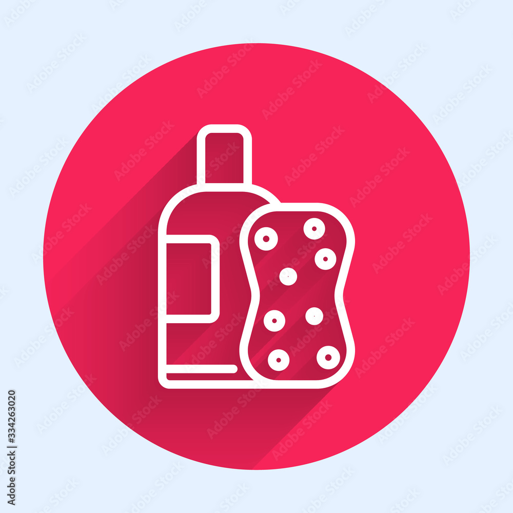 White line Bottle of shampoo and sponge icon isolated with long shadow. Red circle button. Vector Il