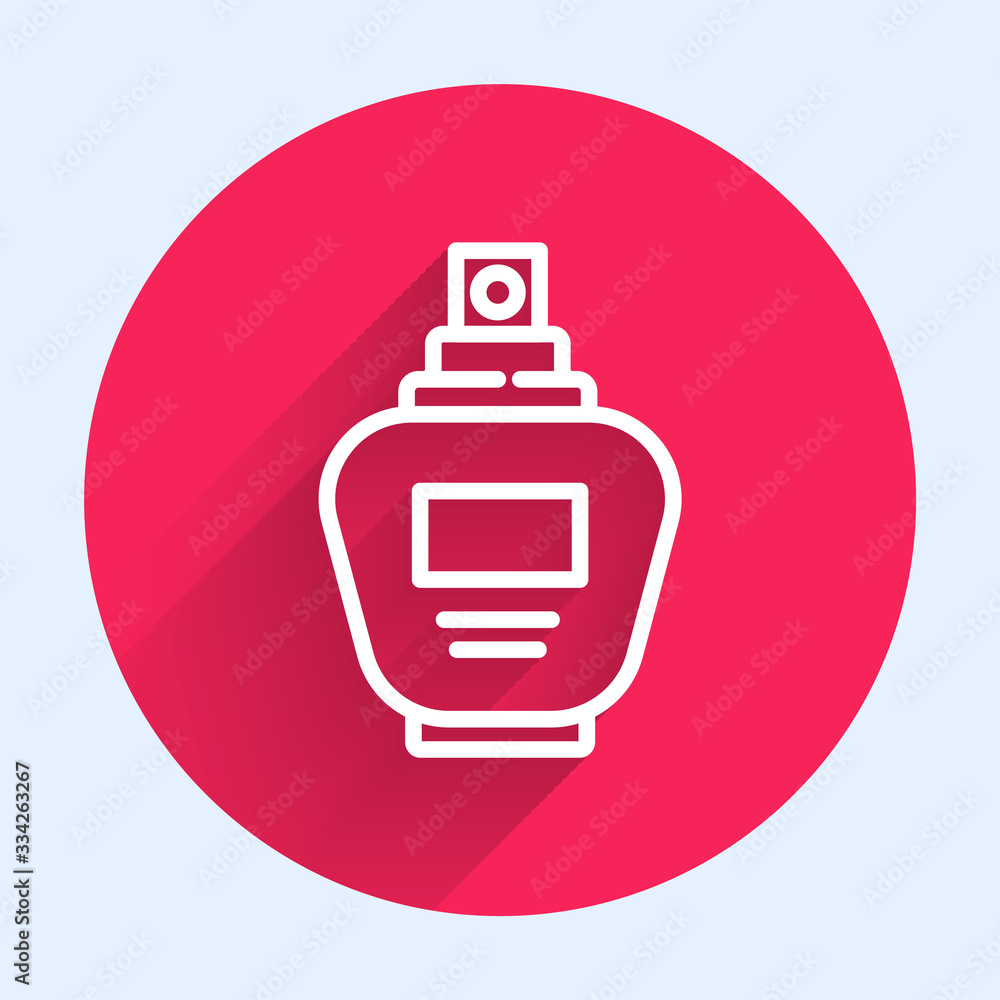 White line Perfume icon isolated with long shadow. Red circle button. Vector Illustration