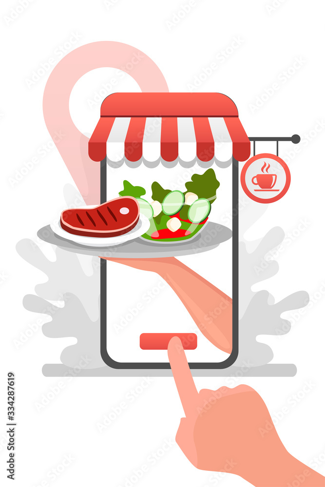 Waiter hand from the phone with delivery food from restaurant flat cartoon vector. Fast courier. Res