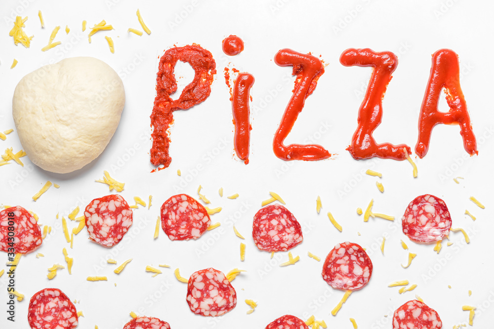 Ingredients for tasty pizza on white background