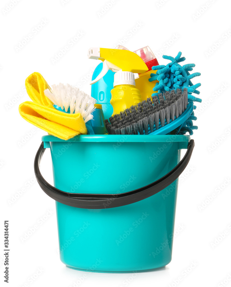 Set of cleaning supplies on white background