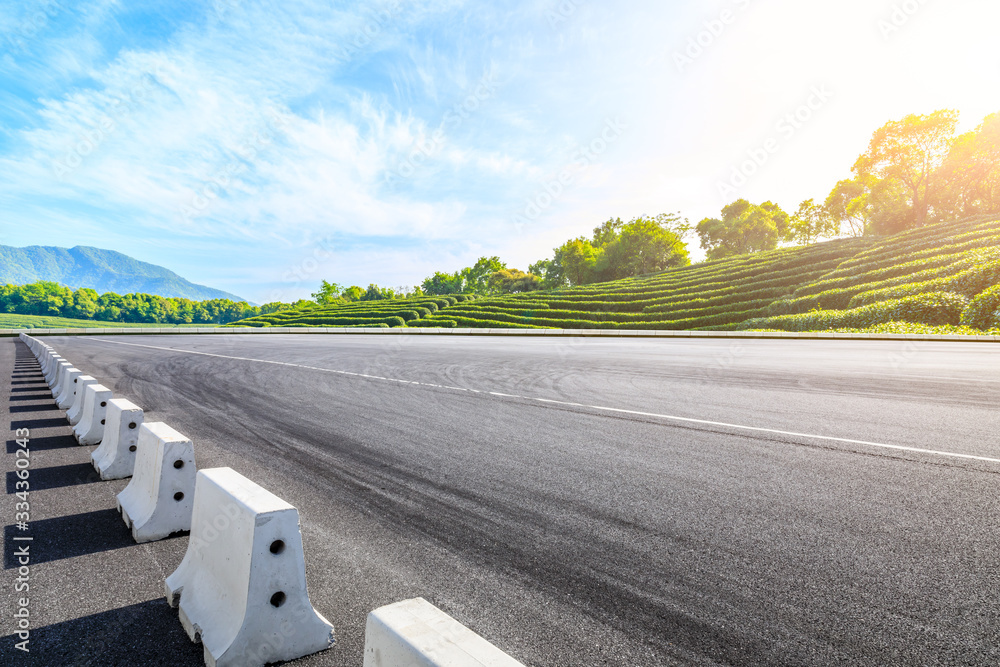 Race track road and green tea plantation nature landscape.