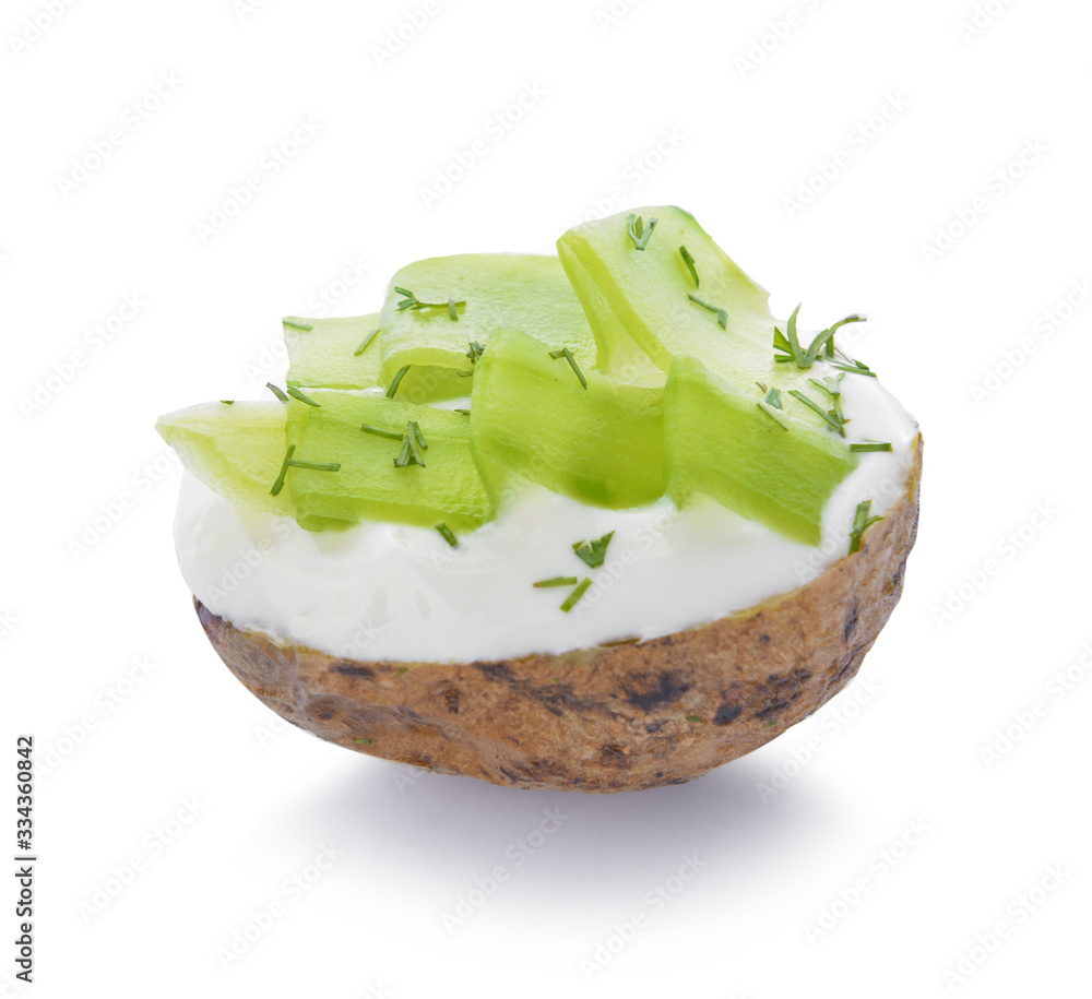 Tasty baked potato with sour cream on white background