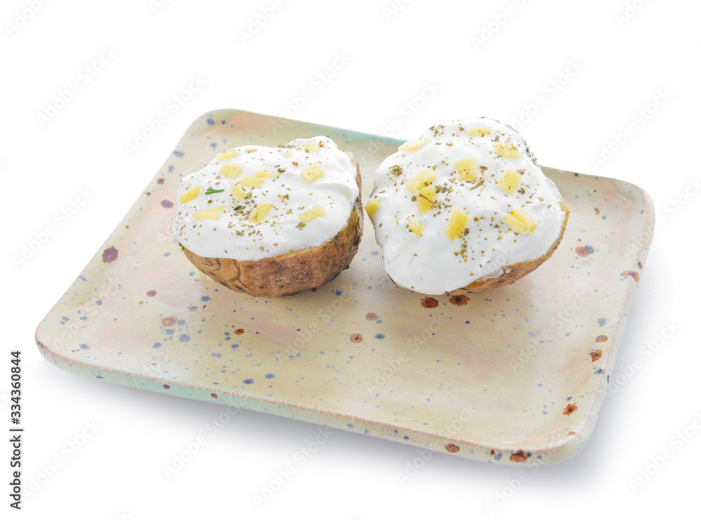 Tasty baked potato with sour cream on white background