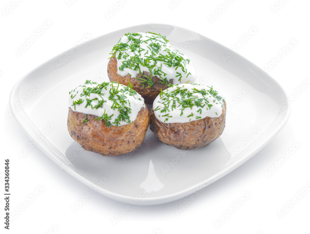 Tasty baked potato with sour cream on white background