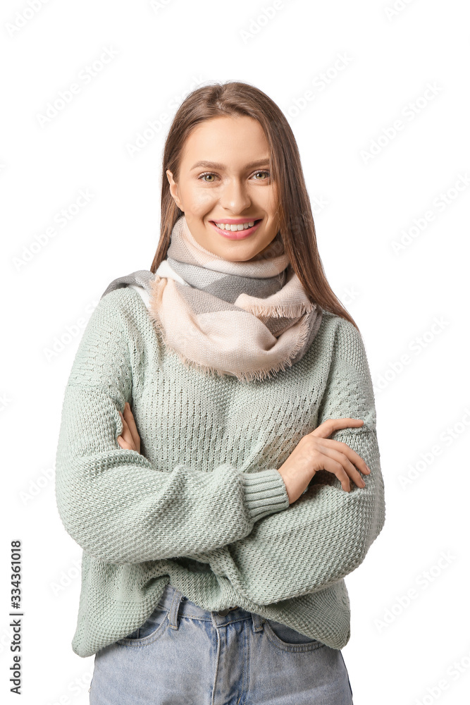 Beautiful young woman with stylish scarf on white background