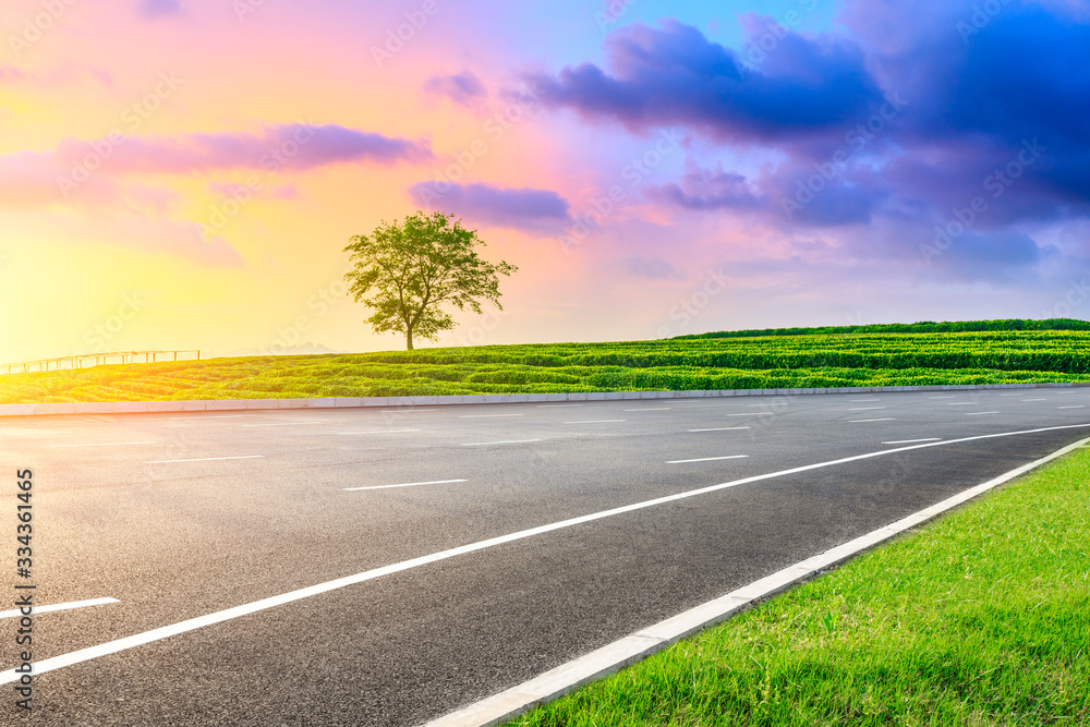 Empty asphalt road and green tea plantation nature landscape at sunset.