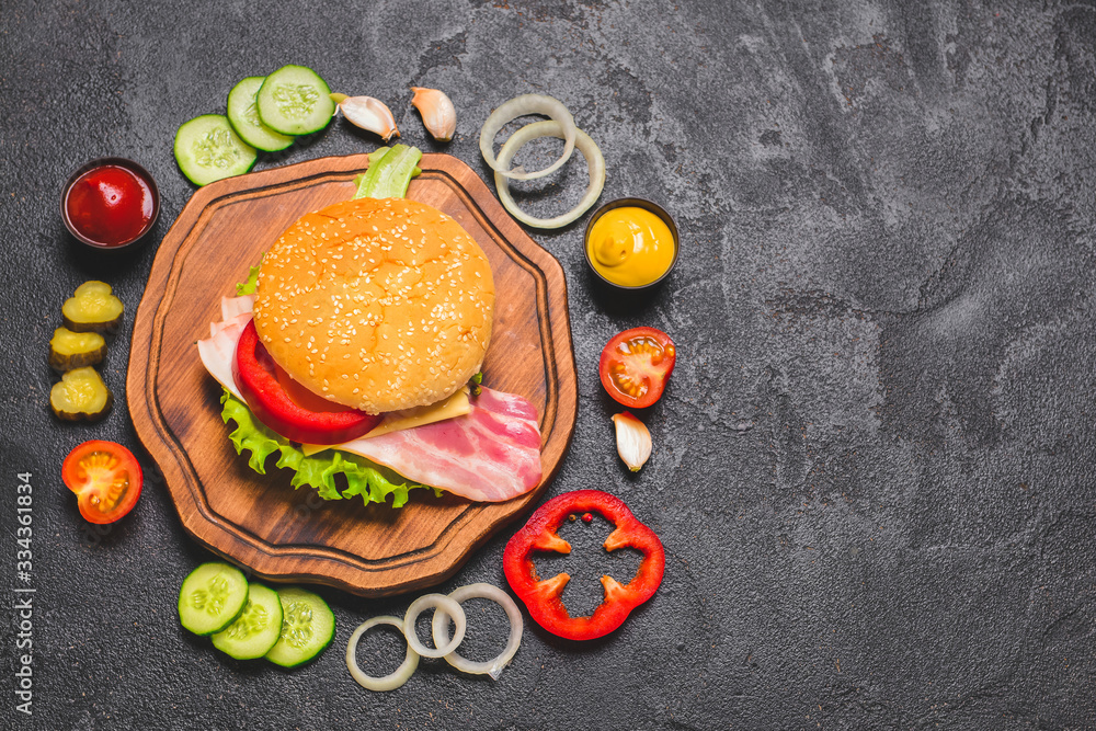 Ingredients for tasty burger on dark background