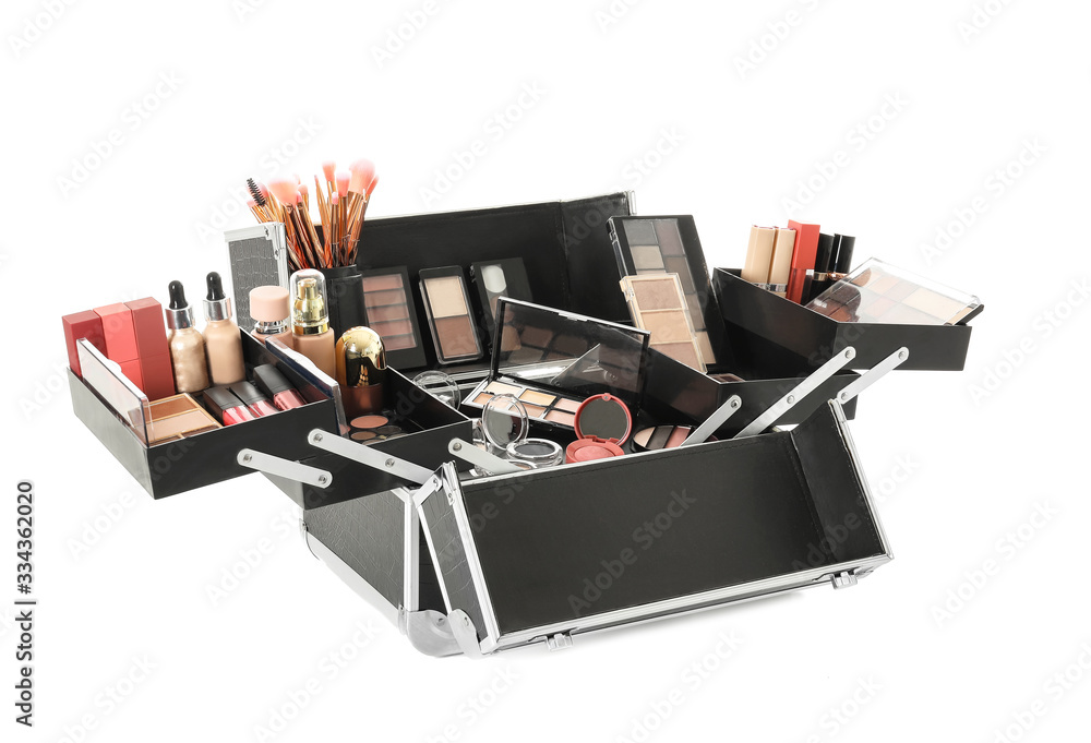 Case of professional makeup artist with decorative cosmetics on white background