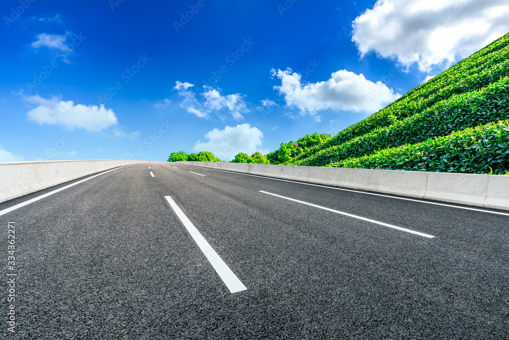 Empty asphalt road and green tea plantation nature landscape.