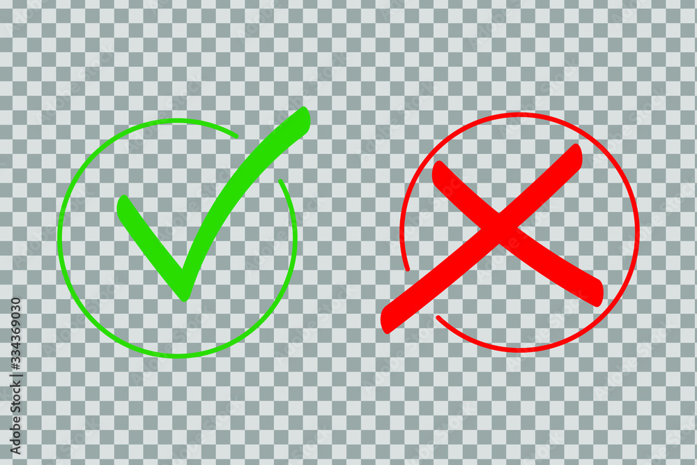 Check mark icon set. Green tick and red cross flat simbol. Check ok, YES or no, X marks for vote, de