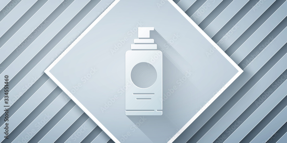 Paper cut Spray can for hairspray, deodorant, antiperspirant icon isolated on grey background. Paper