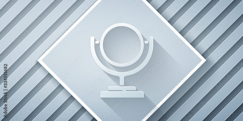 Paper cut Round makeup mirror icon isolated on grey background. Paper art style. Vector Illustration