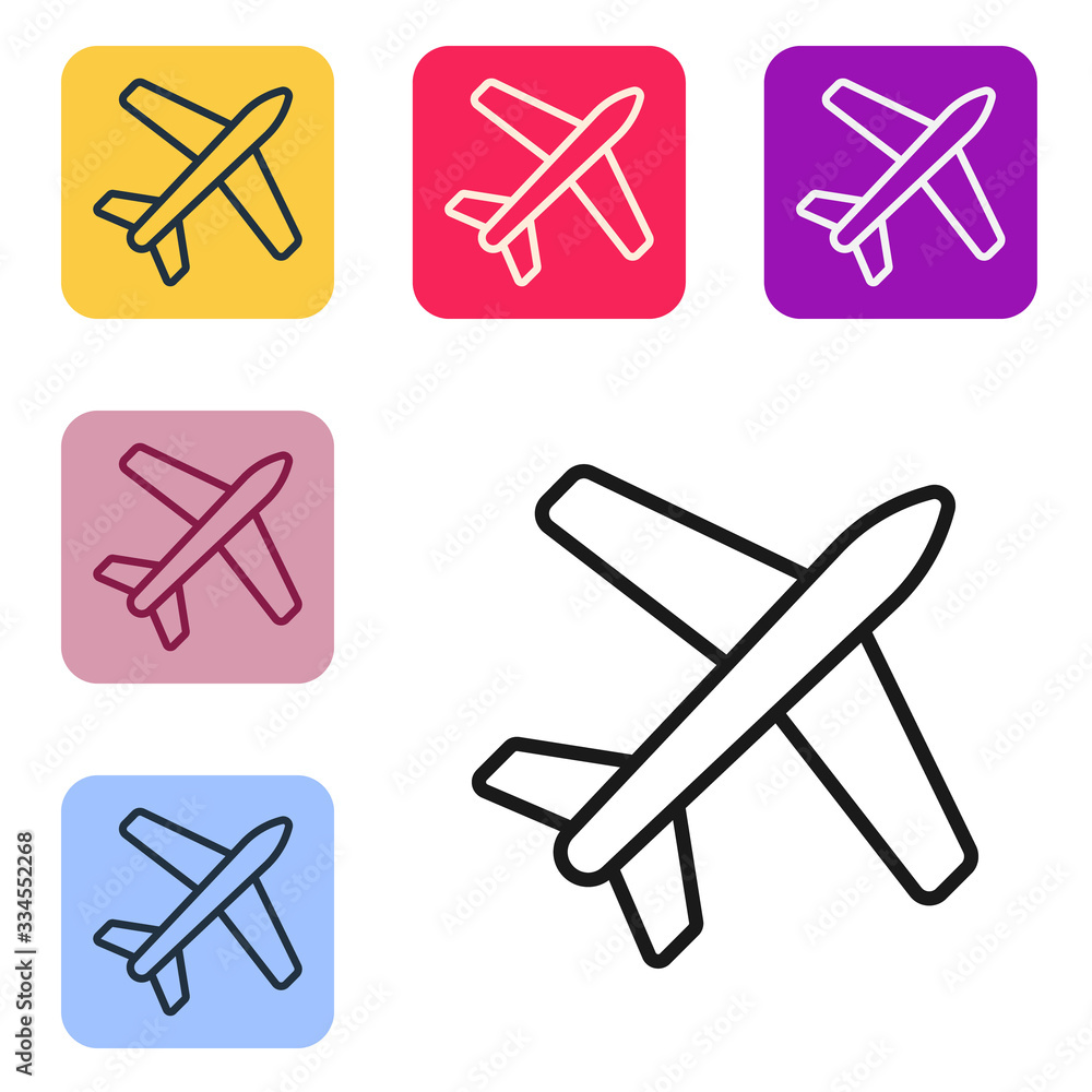 Black line Plane icon isolated on white background. Flying airplane icon. Airliner sign. Set icons i