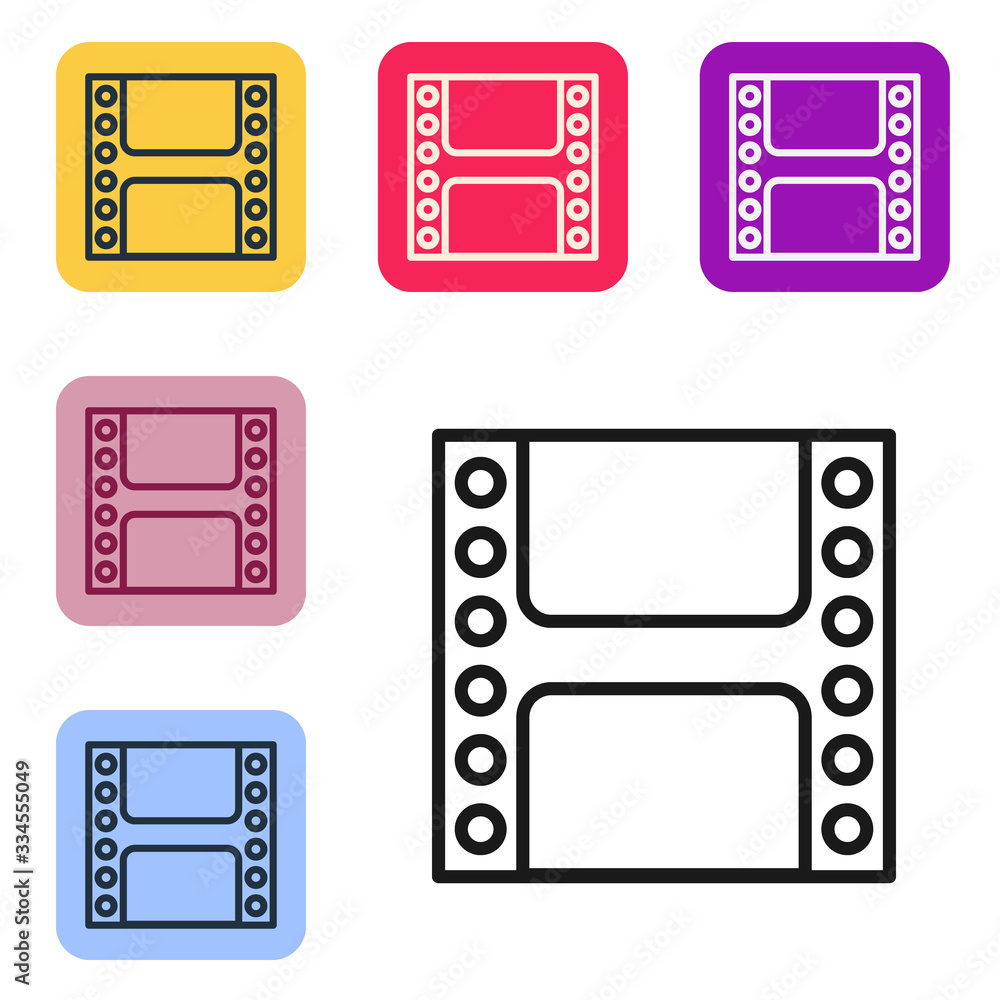 黑线播放隔离在白色背景上的视频图标。胶片条形标志。将图标设置为彩色正方形