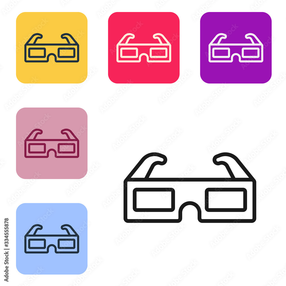 Black line 3D cinema glasses icon isolated on white background. Set icons in color square buttons. V