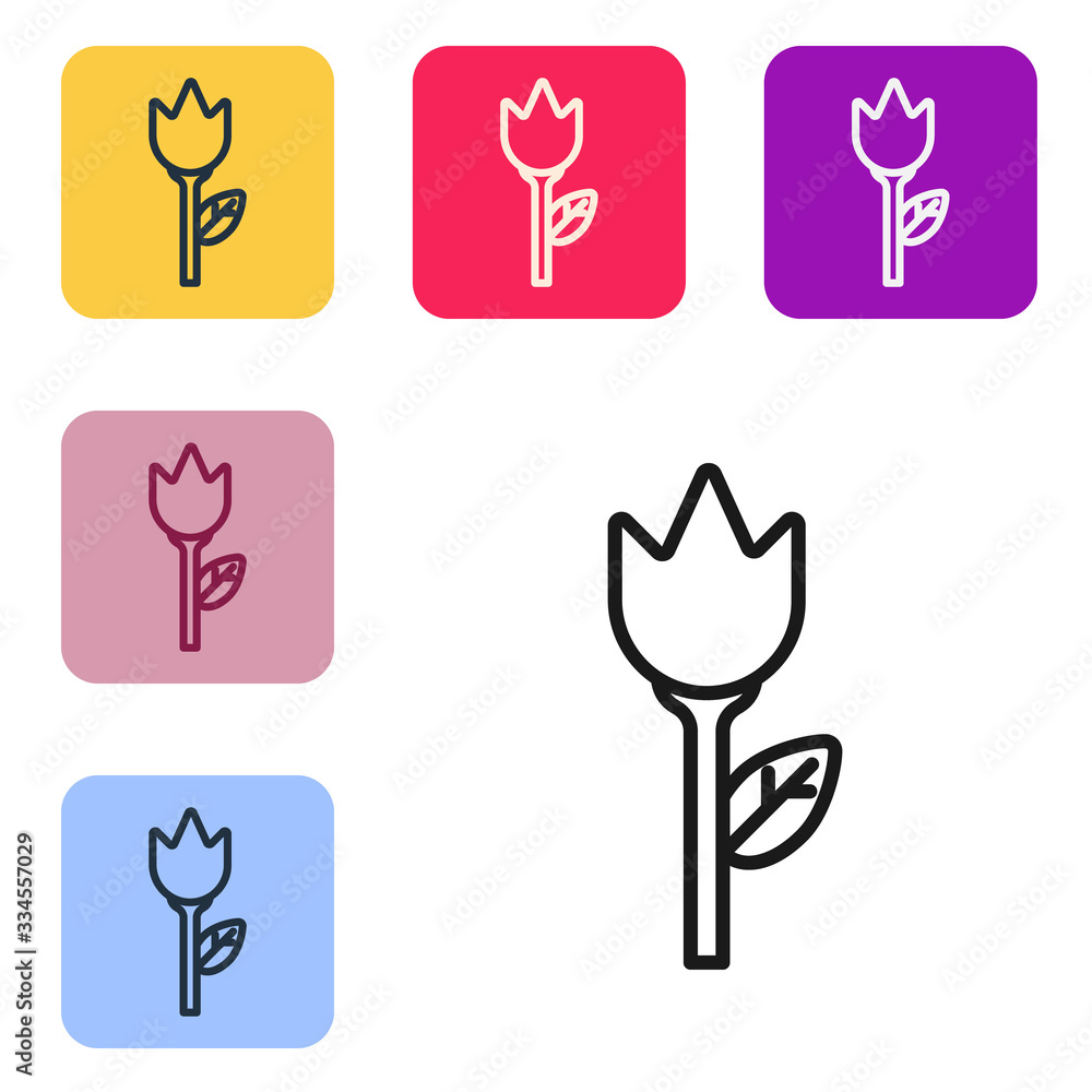 Black line Flower tulip icon isolated on white background. Set icons in color square buttons. Vector