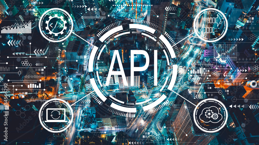 API-应用程序编程接口概念与日本东京夜间鸟瞰图