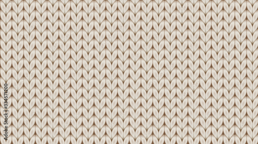 Knitted realistic seamless background of beige light color. Knitting vector pattern. Vector knit tex