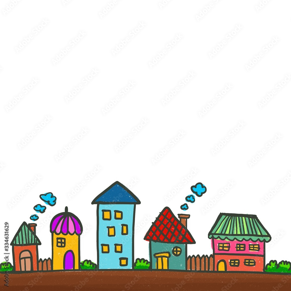 Background image. Hand drawing.  The image of the house is bright and colorful. Cartoon