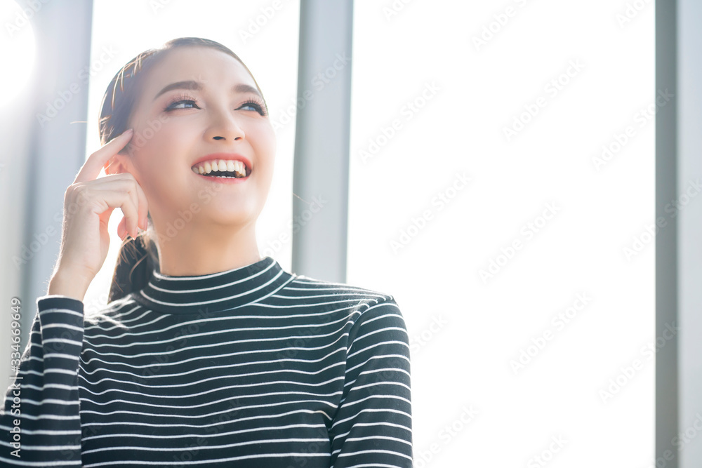 portrait of beautiful asian female businesswoman casual dress hand gesture white office background